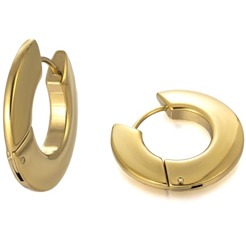 Stainless Steel Hoop Earrings for Women Gold Tone Geometric, Huggie Heart Twisted Minimalist Engraved Designs for Daily Wear - color: Gold-Round01_23mm