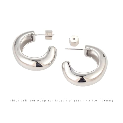RENAIZ Bold Statement Hoop & Stud Earrings for Women – 14K Gold & Rhodium Plated Maximalist Jewelry, Chunky Geometric Boho Earrings, Hypoallergenic Non-Tarnish Trendy Gift - color: White Gold, style: Thick Cylinder