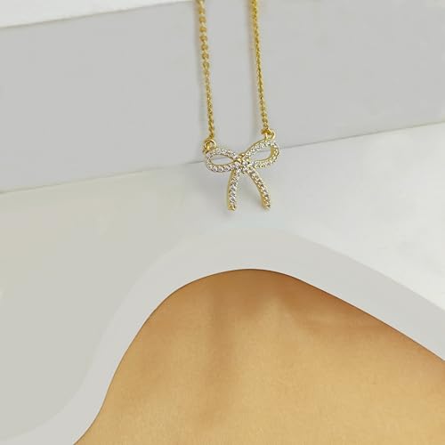 Luxval Diamond Pendant Gold Necklace for Women，Dainty 18k Gold Plated Choker Necklaces Simple Gold Jewelry Gifts for Women Girls - color: Gold-CZ bow