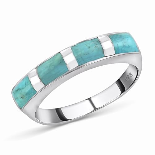SHOP LC DELIVERING JOY Santa Fe Style Turquoise Ring for Women 925 Sterling Silver Band Boho Western Jewelry for Women Promise Rings Size 7 Birthday Christmas Gifts