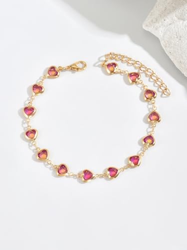 Heart Anklets for Women Crystal Tennis Chain Foot Jewelry Rhinestone Ankle Bracelets for Summer Beach Party - color: Gold/Rose Red