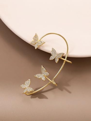 2Pcs Rhinestone Butterfly Earrings Ear Cuffs Non-Pierced Fake Earrings Butterfly Climber Wrap Around Earring Dainty Adjustable Ear Clip Jewelry for Women - color: Style6-gold