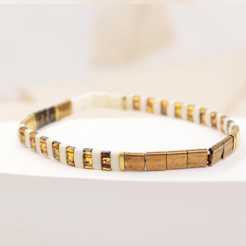 Sonateomber Tila Flat Beaded Stretch Bracelets for Women, Trendy Unique Colorful Square Beads Handmade Stack Bracelet Friendship Accessories Fashion Jewelry Gift - color: Brown Yellow