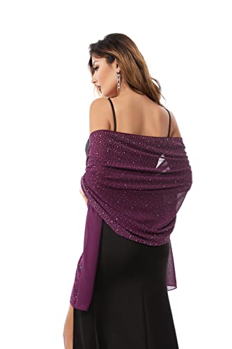 Shawls and Wraps for Evening Dresses Sheer Chiffon Women Elegant Soft Silky Sparkly Wedding Bridal Scarf - color: Plum C