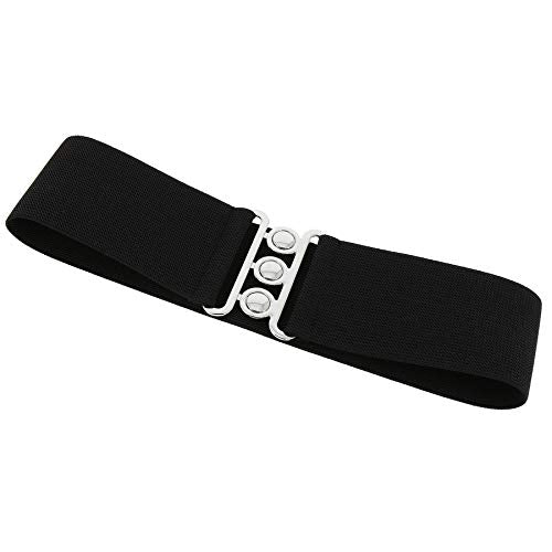 FASHIONGEN - Wide Waist Elasticated Woman Belt Made in France, GLORIA - color: Black (Silver Buckle), size: Small / waist size 28 to 30