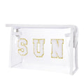 Clear Preppy Patch Makeup Bag, Sun Chenille Letter Bag for Beach, Pouch With Zipper, Travel Cosmetic Toiletry Bag for Women Girls Teens (White) - color: White