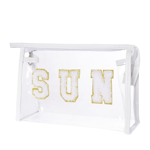 Clear Preppy Patch Makeup Bag, Sun Chenille Letter Bag for Beach, Pouch With Zipper, Travel Cosmetic Toiletry Bag for Women Girls Teens (White) - color: White