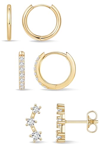 Poxtex Small Sterling Silver Huggie Hoop Earrings Set for Women, Hypoallergenic 14K Gold Plated Hoops Stacks for Multiple Piercings, Dainty Cute Mini Lightweight Cartilage Studs Trendy Jewelry Gift - color: Gold-climber