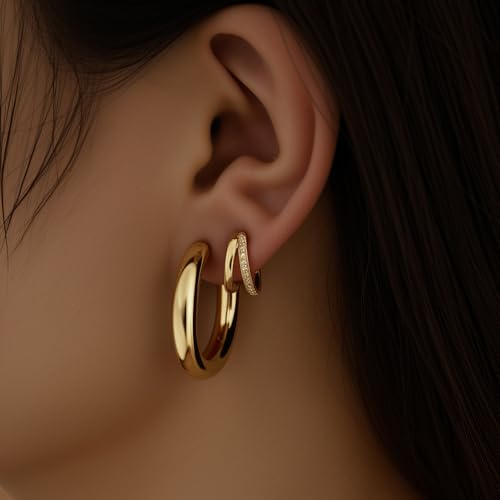 9 Pairs Small Gold/Silver Hoop Huggie Earrings Set for Women, 14K Gold Plated Chunky Hoop Small Earring Hypoallergenic Thick Open Lightweight Chunky Hoop Earrings Jewelry for Gifts - color: Gold-6 Pairs
