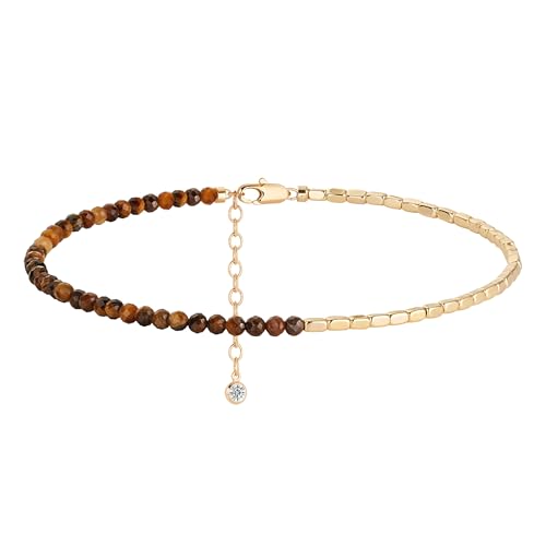 MYEARS Women Beaded Bracelet Gold Gemstone 14K Simple Dainty Handmade Chain Everyday Boho Beach Jewelry - style: Yellow Tiger's Eye