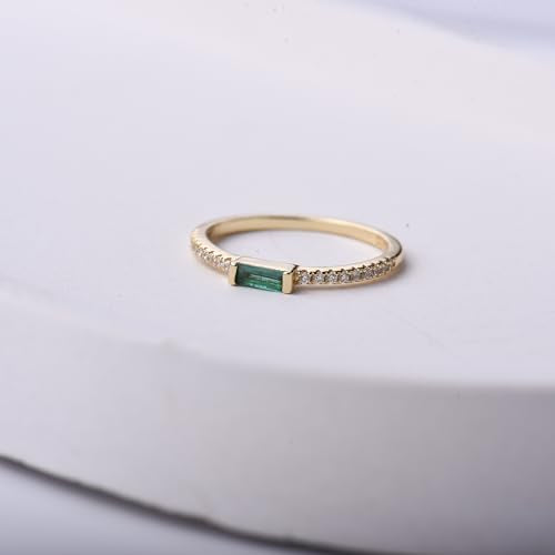 espere Minimal Dainty Baguette Wedding Band Ring | Lab-Created Emerald Cut Cubic Zirconia Stacking Ring | Anniversary Band for Her - color: Emerald CZ - Gold
