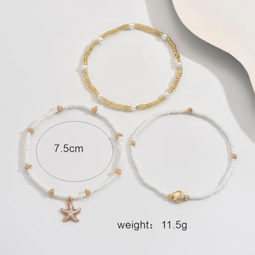 INENIMARTJ Shell Anklet Bracelet for Women Gold and White Beaded Elastic Stack Ankle Bracelet Hawaiian Beach Seashell Starfish Anklet Puka Shell Starfish Foot Jewelry for Women Beach Accessories - style: style A