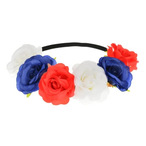 BOHO Floral Crown Rose Flower Headband Hair Wreath (Red Blue White Elastic Ribbon) - color: Red Blue White Elastic Ribbon