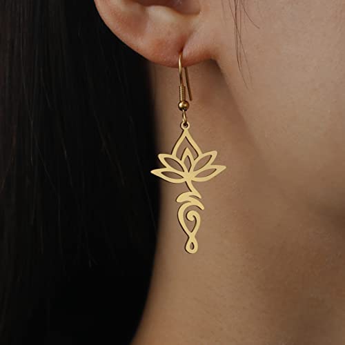 TEAMER Stainless Steel Lotus Flower Dangle Earrings Bohemian Drop Earring Unique Geometric Jewelry for Women - color: Lotus 5-Gold