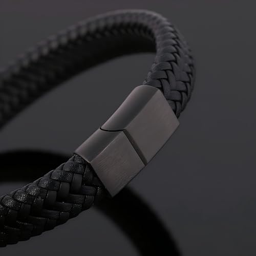 Men's Leather Bracelet, Stackable Stainless Steel Clasp Bracelets for Men Stylish Birthday, Thanksgiving, Valentine's Day Gift for My Man - style: 7.8" Pure Black