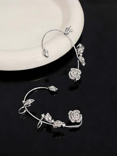 2PCS Ear Cuff Earrings for Women No Piercing Flower Climber Wrap Around Earrings Crawler Rhinestone Wrap Earring Fairy Ear Clip Jewelry Gifts - color: style2-silver