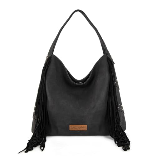 Wrangler Fringe Suede Hobo Bag for Women Leather Western Fringe Purse Tassel Hippie Shoulder Bag - color: Black