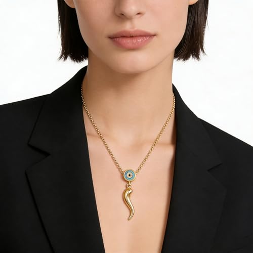 INFUSEU Italian Horn Necklace with Evil Eye for Women Protection Good Luck Gifts - color: Gold, style: Style A