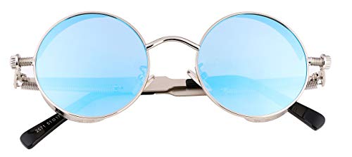 FEISEDY Retro Gothic Steampunk Sunglasses Round Metal Frame Punk Circle Inspired Shade Men B1857 - color: Silver/Blue