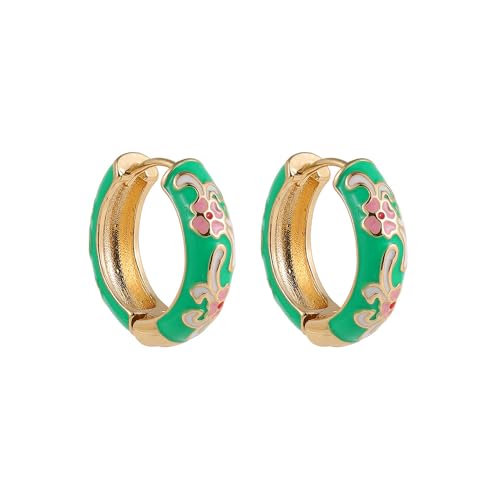 Vintage Enamel Flower Small Hoop Earrings Retro Elegant Flowers Earrings Colorful Flower Hoop Earring - color: Green
