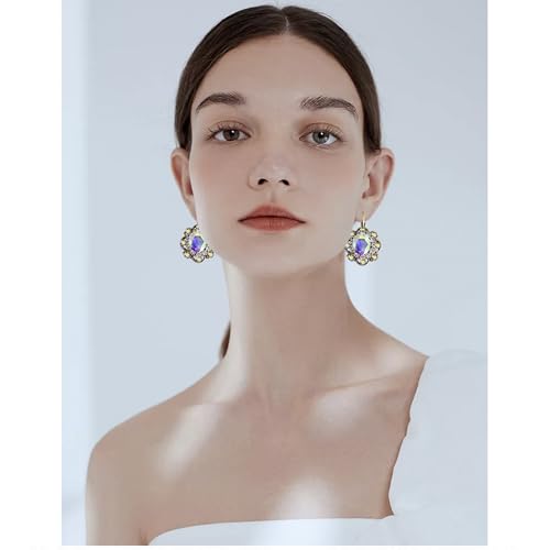 Handmade Bohemian Vintage Gold Sparkly Crystal Round Flower Leverback Earrings Cute Rhinestone Geometry Dangle Drop Earring for Women - color: Colorful White
