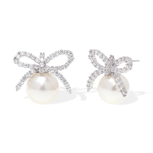 Pearl Earrings for Women, Trendy Dainty Cubic Zirconia Piercing Hypoallergenic CZ Earring Prom Holiday Fashion Jewelry Gift. - color: Silver Pearl