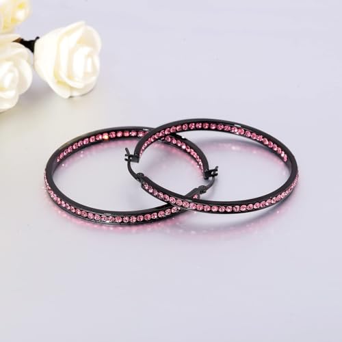 CiNily Mult-colors Crystal Stainless Steel Hoop Earring for Women Hypoallergenic Jewelry for Sensitive Ears Large Big Hoop Earrings 2" - color: Black&Pink