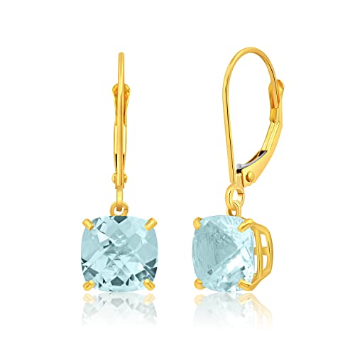 14k White or Yellow Gold Cushion Cut Gemstone Dangle Earrings for Women with 8mm Birthstones by MAX + STONE - color: Aquamarine