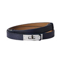 Ovekaut Women Skinny Leather Belt Solid Color Alloy Turn Lock Adjustable Waistband for Dresses Jeans Coats - color: Dark Blue / Silver