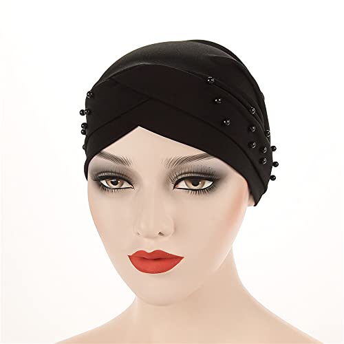 Women Beaded Silky Beanie, Pre-Tied Turban Head Wrap Cap for Chemo Chemical Cancer Hair Loss Cover Hat - color: Black