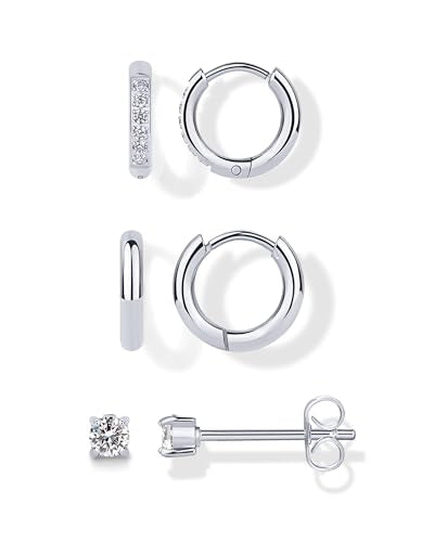 PAVOI Waterproof Huggie Hoop Earrings Set for Women - Stainless Steel Pack of 3 with Cubic Zirconia - Huggie Hoops, Stud & Luxe Styles - Trendy Fashion Piercing Jewelry - color: White Gold