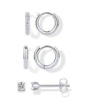 PAVOI Waterproof Huggie Hoop Earrings Set for Women - Stainless Steel Pack of 3 with Cubic Zirconia - Huggie Hoops, Stud & Luxe Styles - Trendy Fashion Piercing Jewelry - color: White Gold