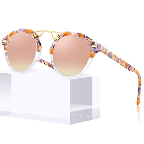 CARFIA Double Bridge Small Acetate Sunglasses for Women Polarized, Retro Metal Brow Ladies Sunnies Fashion Round Eyewears - color: 6. Pink White Tortoise Frame Pink Mirrored
