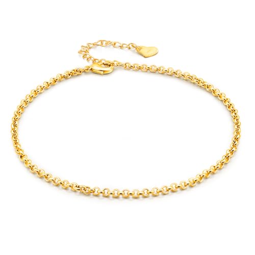 Dankadi Women 925 Sterling Silver Anklets Bracelet Men Simple Chopin/Box Chain/Twist Rope Chain Summer Beach Foot 24k Gold Plated Jewelry Gift - color: Rolo Chain Gold, size: 30cm
