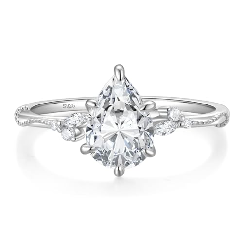 EAMTI 2CT Engagement Rings Pear Cut Wedding Teardrop Bridal Halo Nature Inspired Rings Cubic Zirconia Promise Bands for Women 3-11 - color: Sterling Silver-Silver