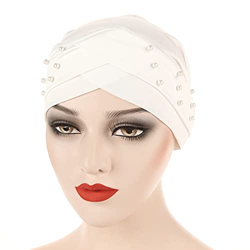 Women Beaded Silky Beanie, Pre-Tied Turban Head Wrap Cap for Chemo Chemical Cancer Hair Loss Cover Hat - color: White