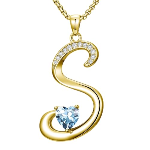 Birthday Gifts for Women 18k Gold Initial Necklaces for Women Simple Alphabets Letters with Birthstone Pendants Name Jewelry Anniversary Wedding Gifts for Sister Daughter Her (with Gift Box) - color: 03-Mar-Aquamarine, style: Letter S