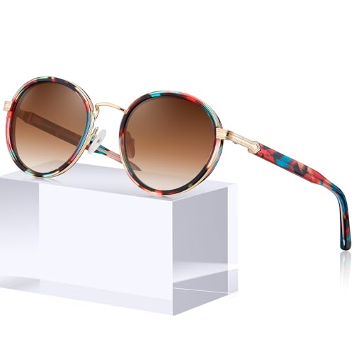 CARFIA Retro Round Sunglasses for Women Polarized UV Protection, Durable Acetate-Metal Frame Designer Eyewear CA1951 - color: 5. Red Floral Frame + Gradient Brown Lens