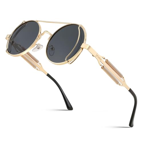 FEISEDY Aviator Sunglasses for Men Women, Retro Steampunk Gothic Round Metal Frame Hippie Glasses B2351 - color: Gold Frame With Gray Lenses and Gold Temples