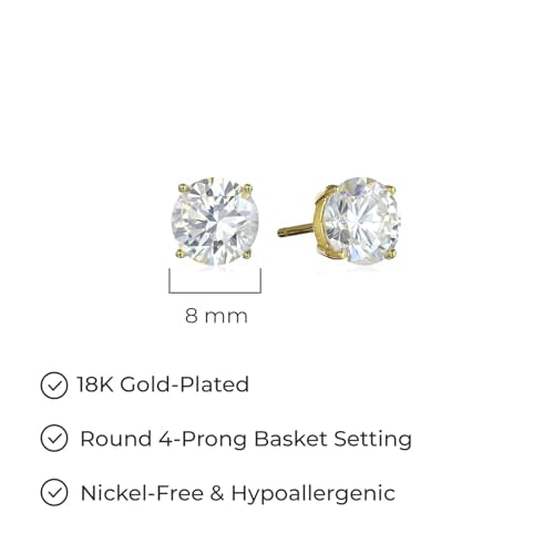 Amazon Essentials Plated Sterling Silver Cubic Zirconia Stud Earrings (Round & Princess) - color: White/Yellow Gold, size: 8 mm, style: Round Cut