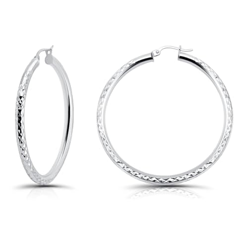 Hoops & Loops 925 Sterling Silver Diamond-Cut Round Hoop Textured 3mm Click-Top Earrings for Women, Slver, Two-Tone 14K Yellow Gold Flash Plate 15/20/25/30/35/40/45/50mm Hoops - color: Silver, size: 45mm (1.77'')