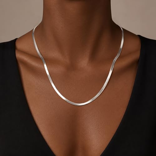 WomenGifts 14K Gold Silver Plated Herringbone Necklace for Women, Dainty Snake Chain Choker, Trendy Simple Long Layered Jewelry Non Tarnish, 3/4/5/8mm,14,16,18,20,22,24,26 Inch Thin & Chunky Options - color: Silver, style: 3mm-20inch