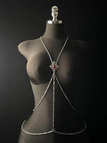 Paloli Gothic Cross Body Chain for Women – Silver Tone Adjustable Waist Body Jewelry, Vintage Filigree Y-Style Harness Necklace for Festival Party Outfit - style: Ruby Red
