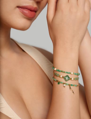 Beaded Bracelets Set for Women Stackable Healing Layered Bracelets Stack 3PCS Aquamarine Gemstone Crystal Dainty Boho Summer Jewelry for Women Natural Stone 14k Gold Plated - color: Green Strawberry Crystals