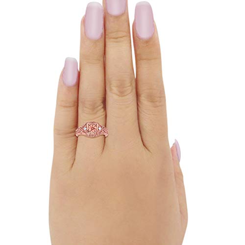 Blue Apple Co. Art Deco Ring Round Cubic Zirconia Leaf Filigree Design Split Shank Twisted Band Bridal Statement Wedding Engagement Rings For Women 925 Sterling Silver Gifts For Her - color: Rose Tone, Simulated Morganite
