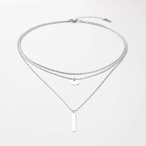 Disc Bar Pendant Layering Necklace Stainless Steel Layered Chain Choker - color: Silver
