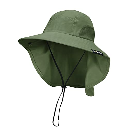 Tirrinia Wide Brim Sun Hat with Neck Flap for Men & Women, Breathable Hiking Fishing Safari Hat, Outdoor UV Protection Cap - color: Forest Green