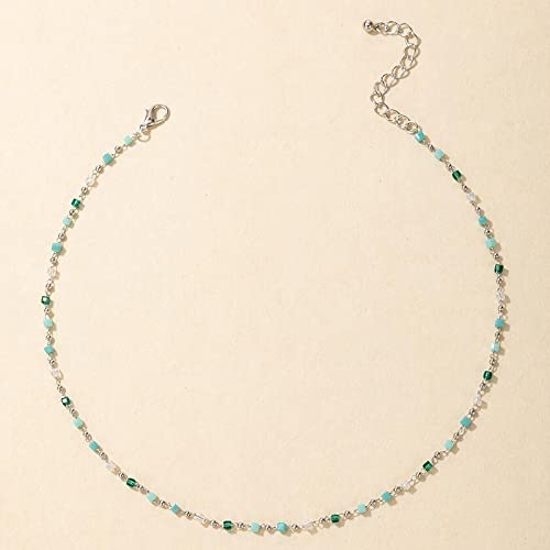 FUTIMELY Bohemia Green Beaded Beads Choker Necklace for Women,Simple Fresh Green Beaded Square Round Bead Choker Necklace - color: Silver