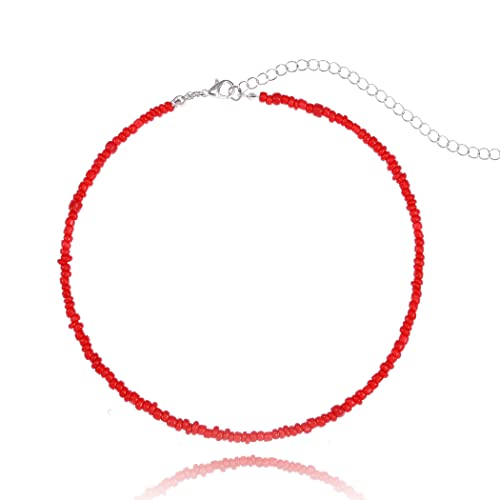 Tgirls Boho Choker Necklace Chain Rice Beaded Necklaces Seed Bead Necklace Accessory for Women - color: Red-1
