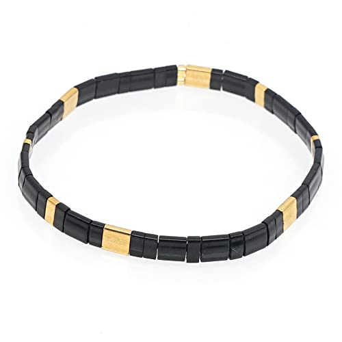 Sonateomber Tila Flat Beaded Stretch Bracelets for Women, Trendy Unique Colorful Square Beads Handmade Stack Bracelet Friendship Accessories Fashion Jewelry Gift - color: Black